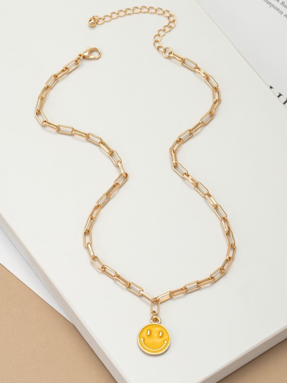Happy Smile Face Necklace Yellow Pendant Paperclip Chain